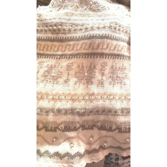 Vintage cottagecore LONG knit Women's Sweater 14 16 Beige Embellished grandmacor - Picture 6 of 14